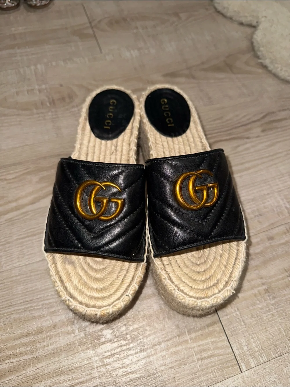 Gucci Black Leather GG Espadrille Slide Sandals with Gold Hardware